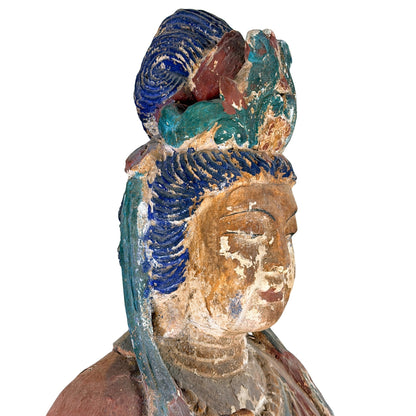 Linker profiel van gezicht en hoofdtooi van antieke Chinese Guanyin