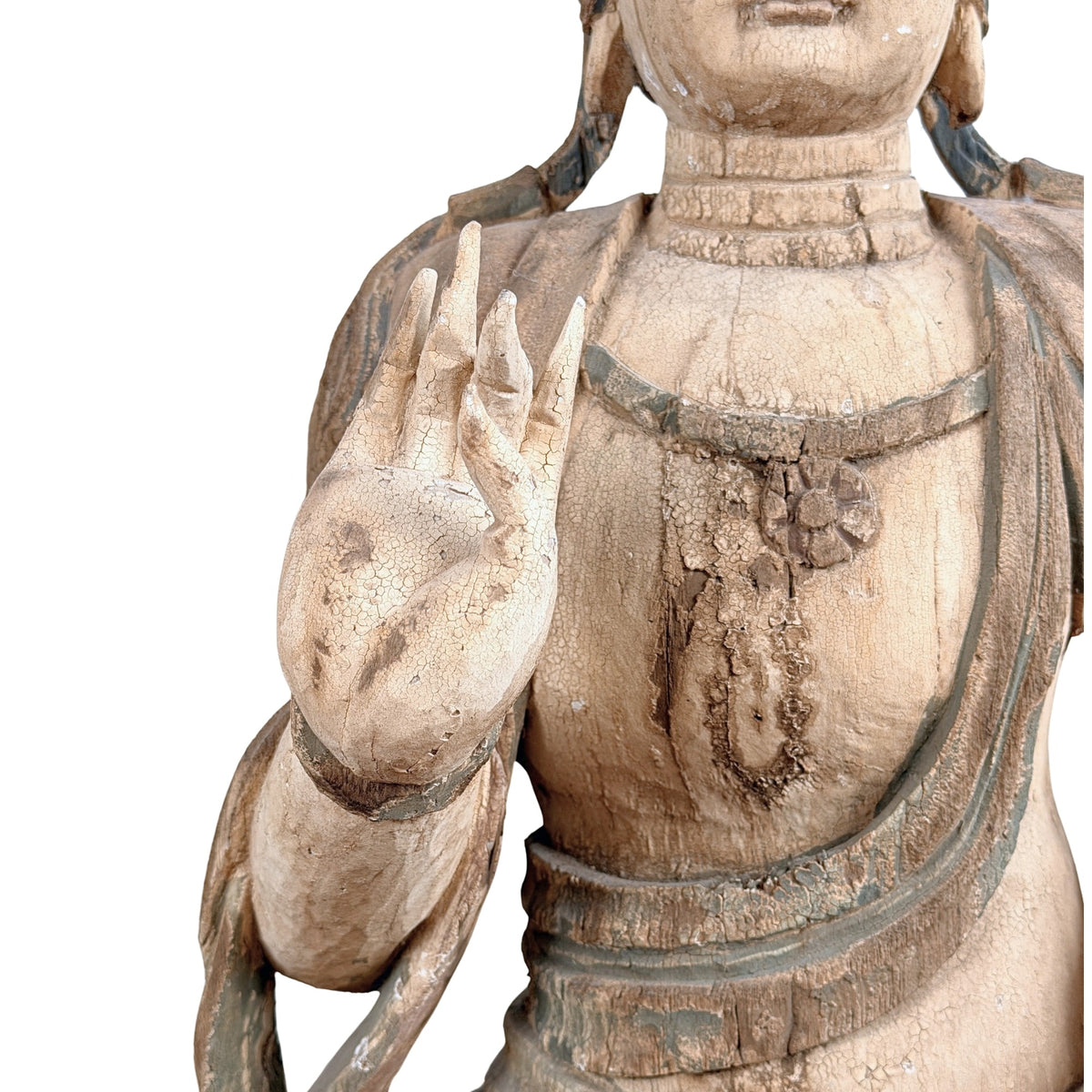 Detail van kroon en mogelijk Amitabha-embleem van antieke Guanyin