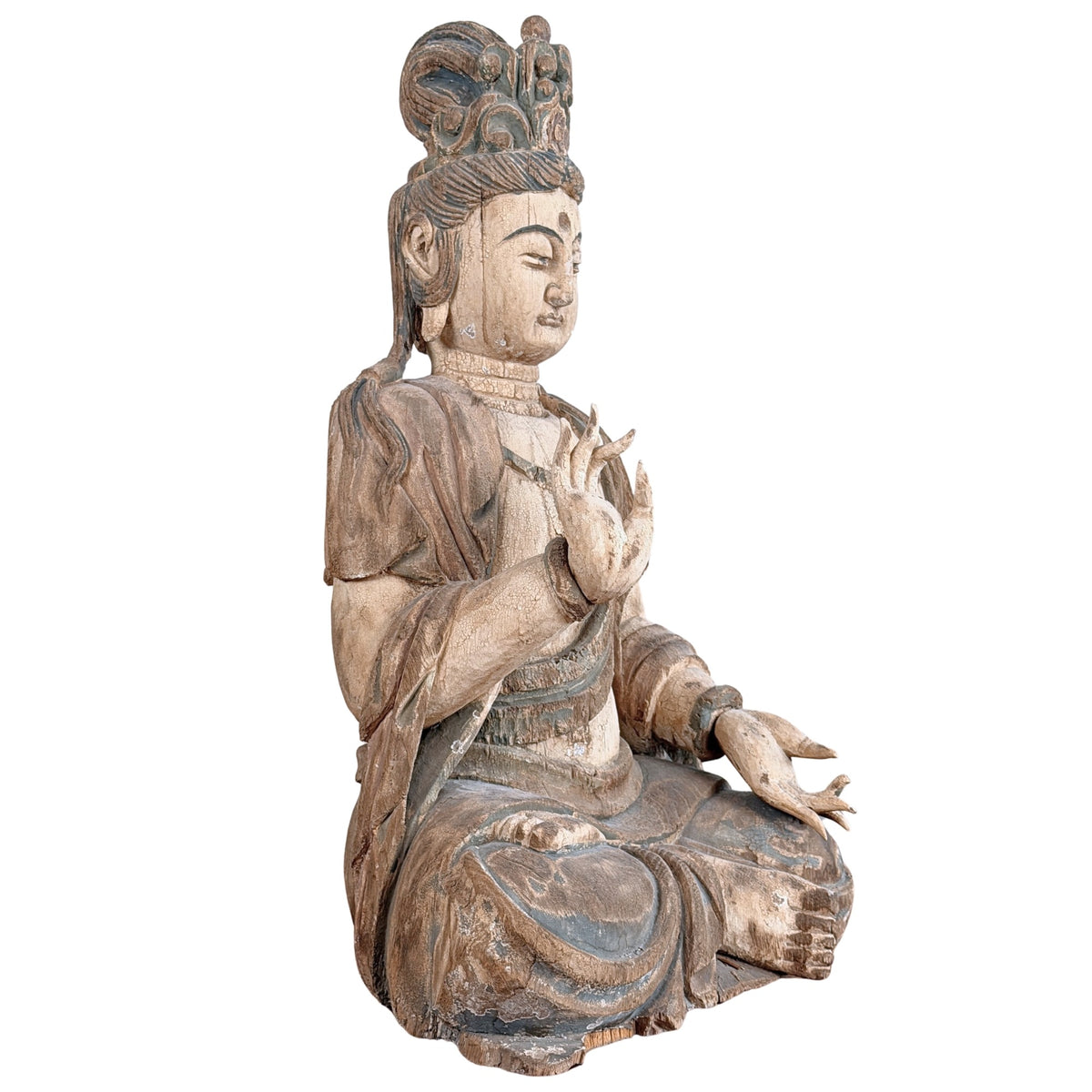 Detail van linkerhand en onderarm van antieke Chinese Guanyin