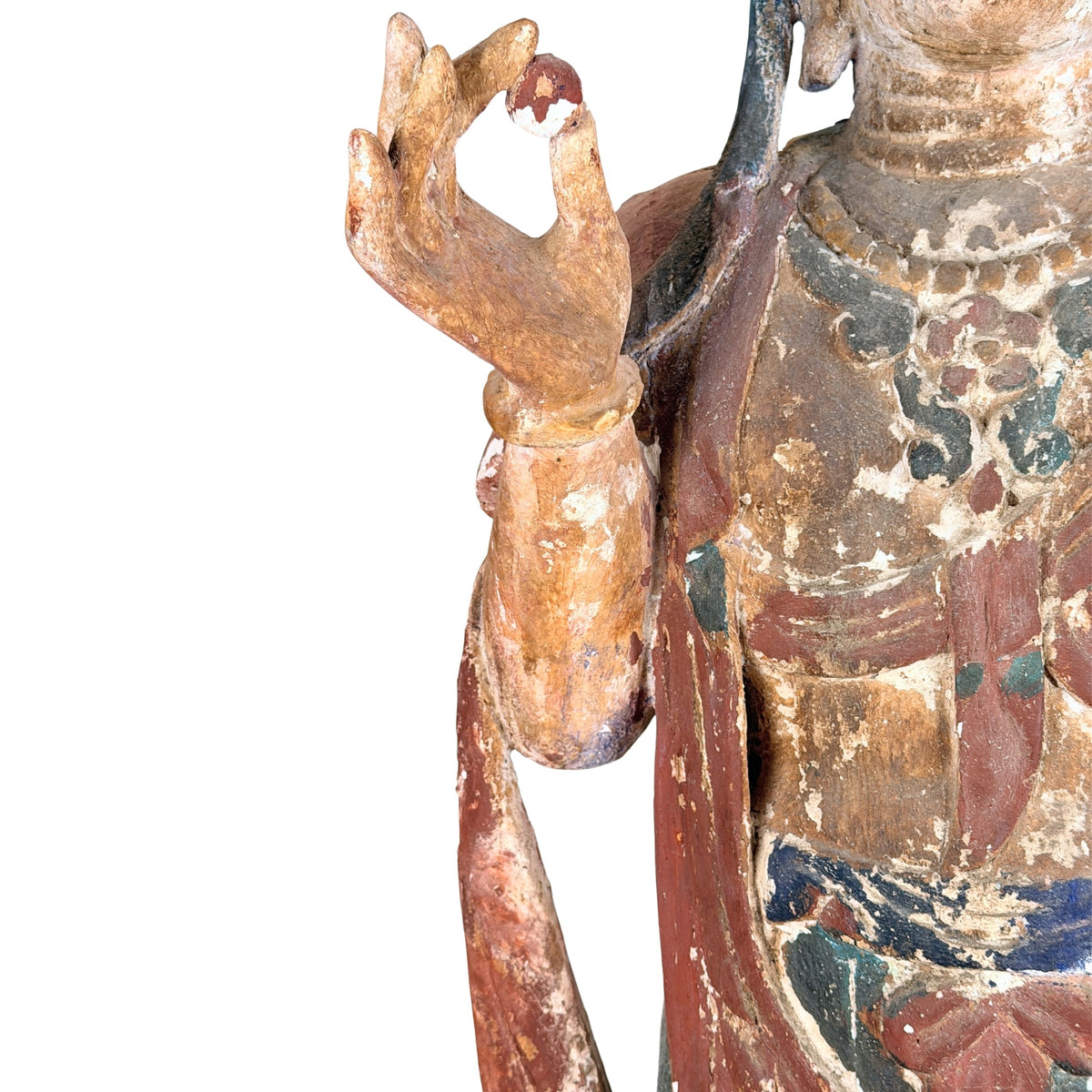 Detail van rechterhand in onderwijzend mudra van antieke Chinese Guanyin