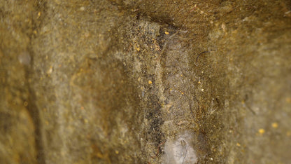 Microscopisch detail van gele stippen en oude oppervlakteresten op de Chinese Guanyin stele