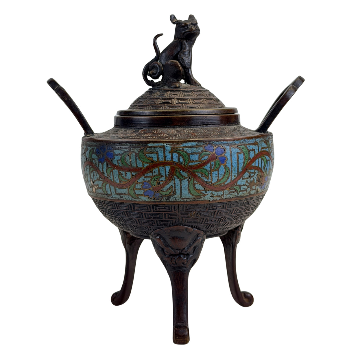 Antieke Chinese tripod wierookbrander van brons en emaille met Foo Dog deksel