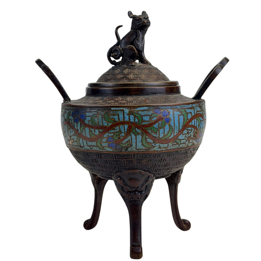 Antieke Chinese tripod wierookbrander van brons en emaille met Foo Dog deksel