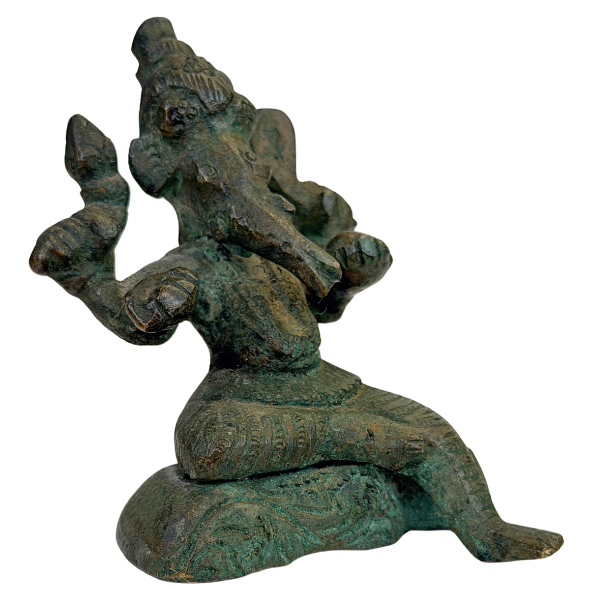 Vierarmige Ganesha uit India met oude groenbruine koperpatina