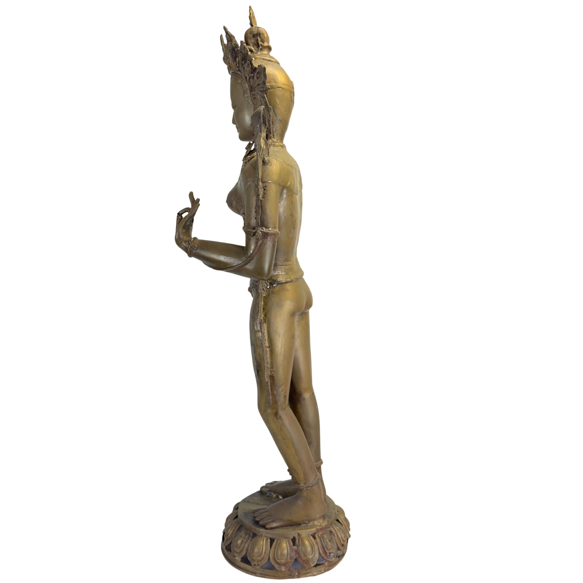Linker zijprofiel van een antieke Groene Tara uit Nepal met verfijnde iconografische details.