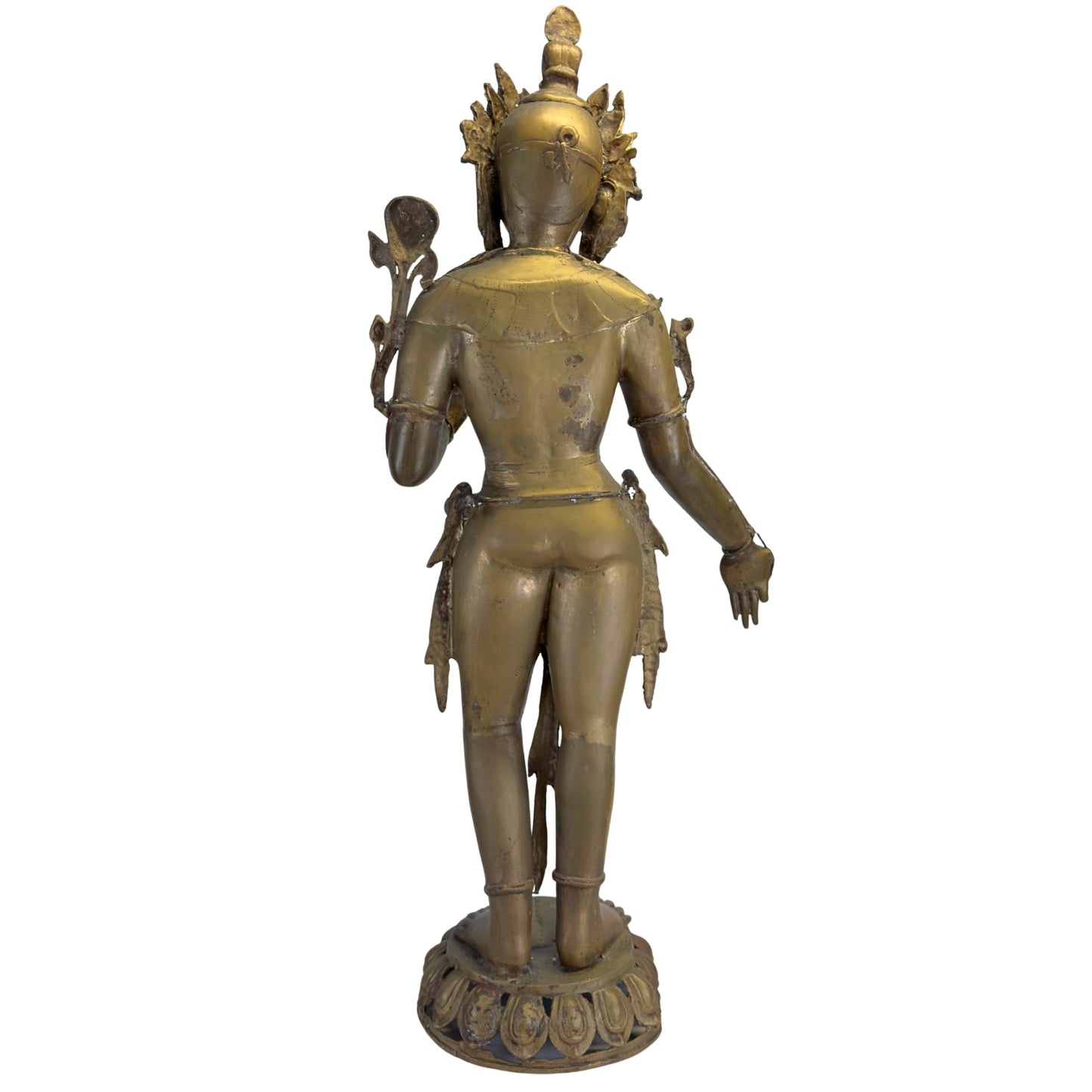 Rechter zijaanzicht van een antieke Groene Tara uit Nepal met elegante houding en lotusbasis.