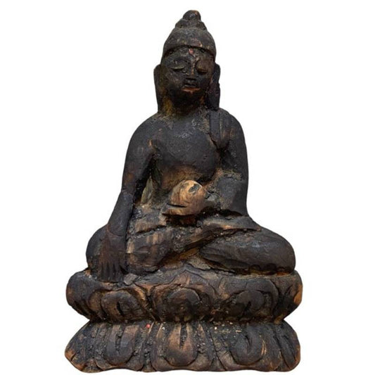 Antieke houten Boeddha Himalaya devotiebeeld