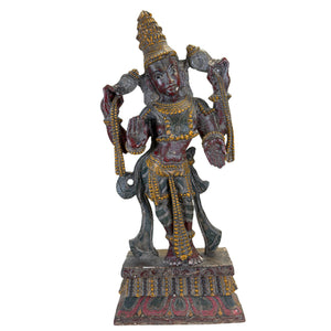 Zeldzame Antieke Polychroom Houten Vishnu – Zuid-India, ca. 1880 – 60,5 cm