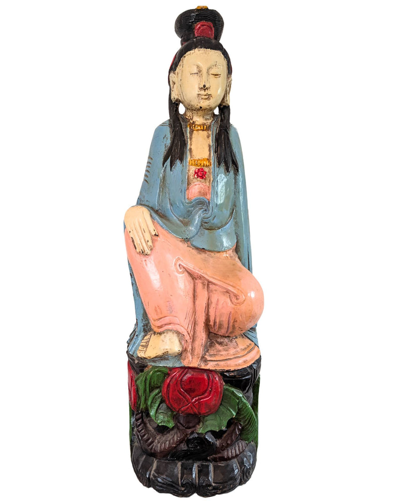 Antieke Chinese Kwanyin (88 cm) – Handgestoken Kamferhout  Qing-dynastie