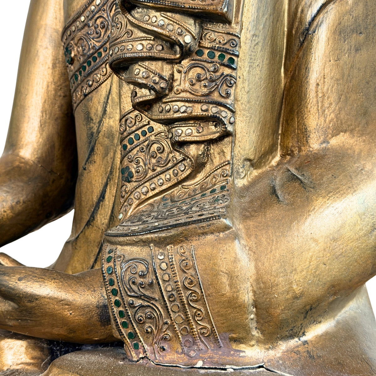Close-up van rechterhand in bhumisparsha mudra