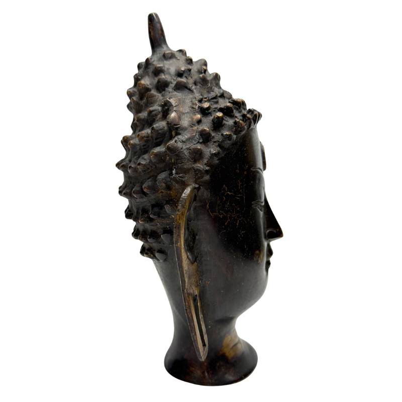 Antieke Nepalese Boeddhakop van brons met natuurlijke patina en vuurverguld goud