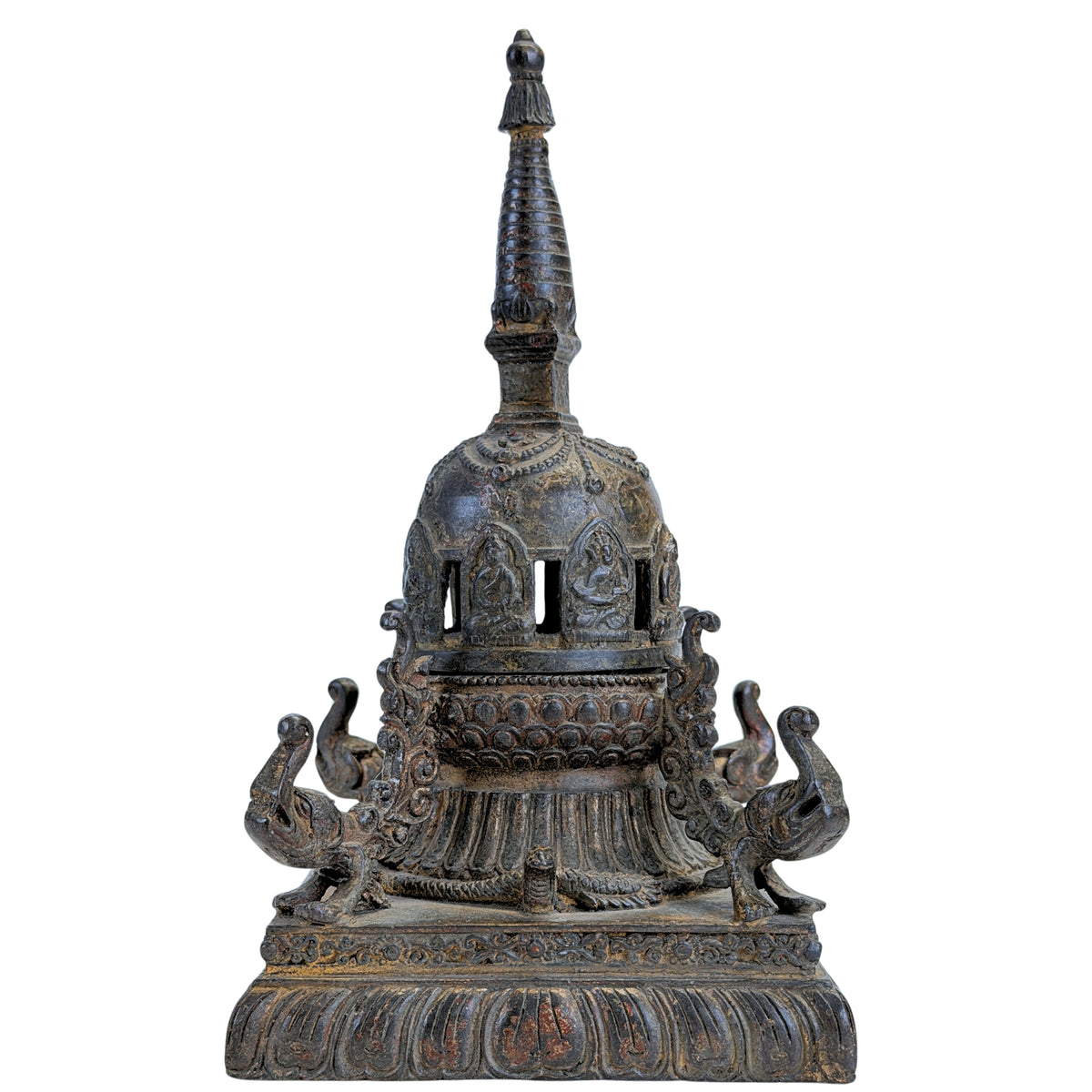 Antieke Nepalese bronzen chaitya-wierookbrander met Boeddha’s – vooraanzicht