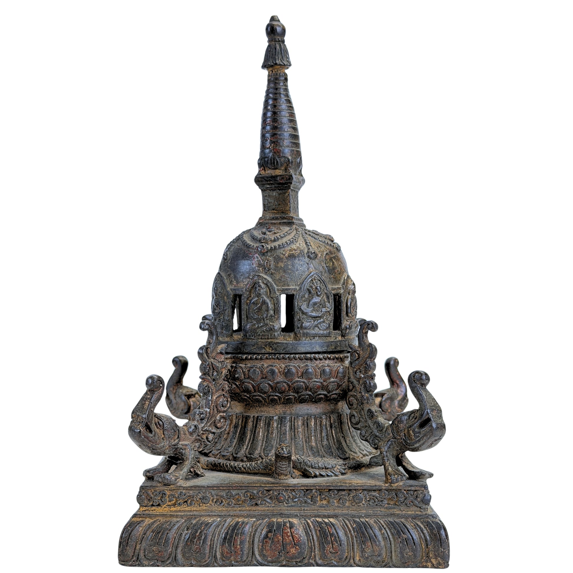 Antieke Nepalese bronzen chaitya-wierookbrander met Boeddha’s – vooraanzicht