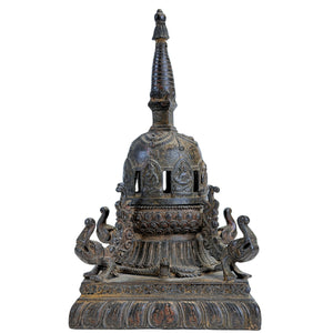 Antieke Nepalese bronzen chaitya-wierookbrander met Boeddha’s – eind 19e eeuw