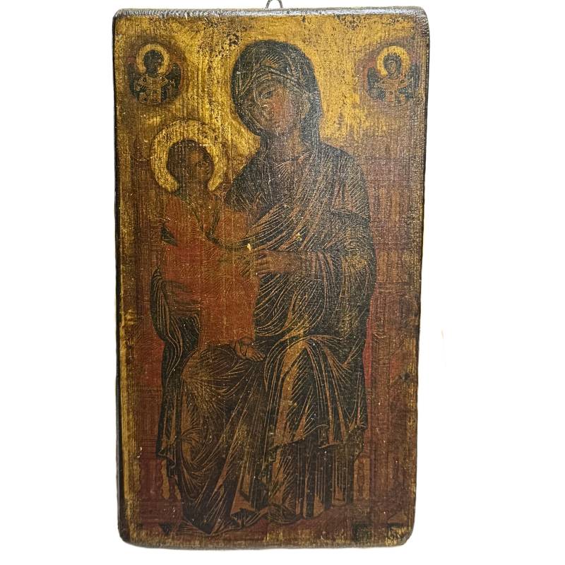 Authentieke Russische Moeder Gods Hodegetria icoon, tempera op houten paneel, 18e eeuw.