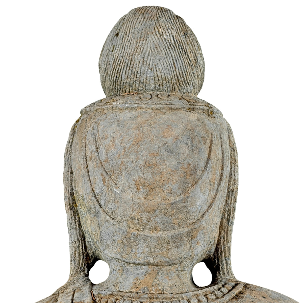 Detail van achterzijde van hoofd en haarpartij van antieke stenen Guanyin