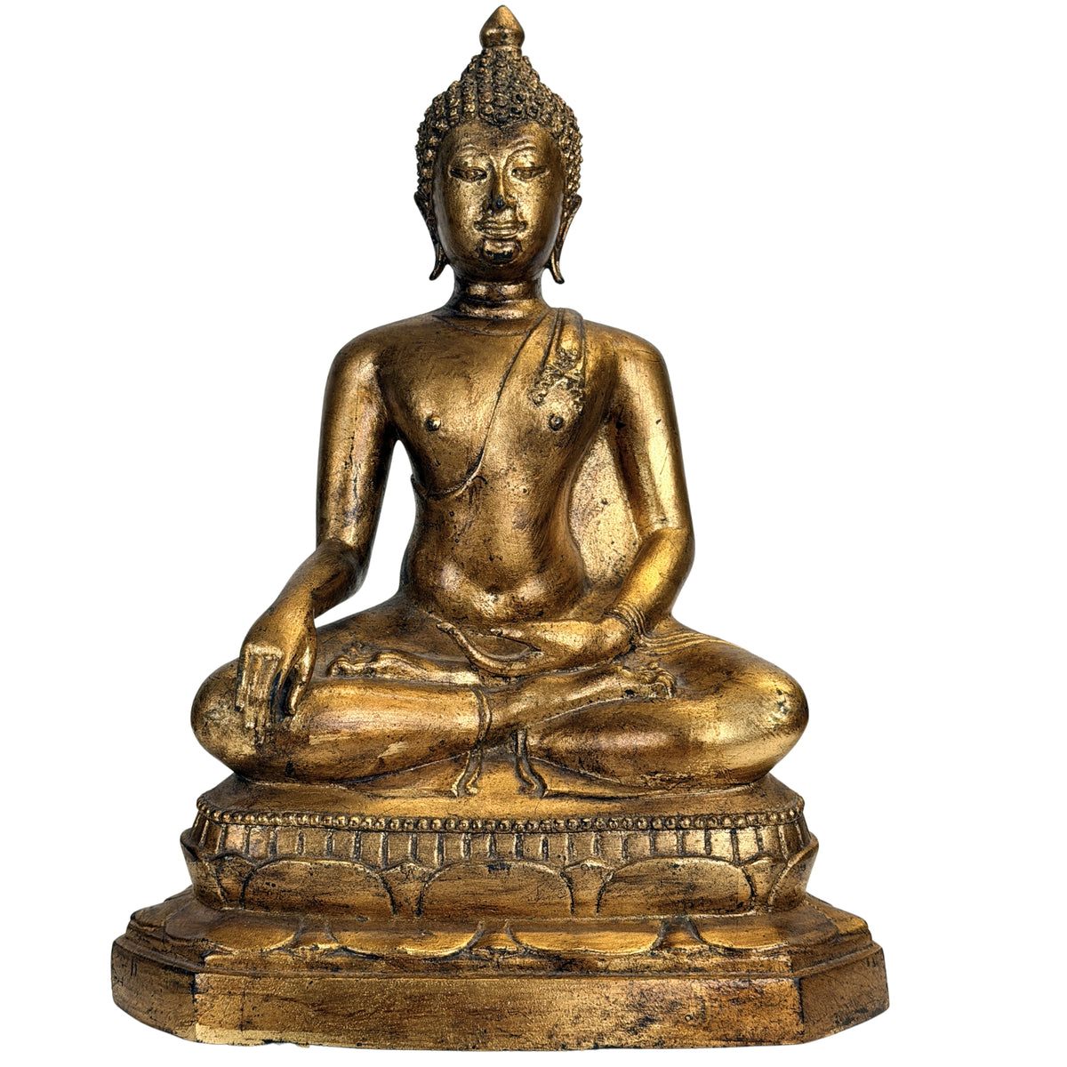 Antieke Thaise Rattanakosin Boeddha in Bhumisparsha mudra met oude lakvergulding