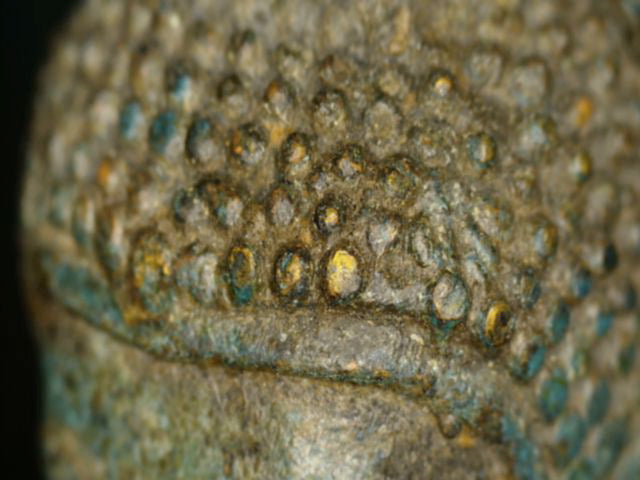 Microscoopdetail van haarkrullen met verspreide goudkleurige resten en oude patina