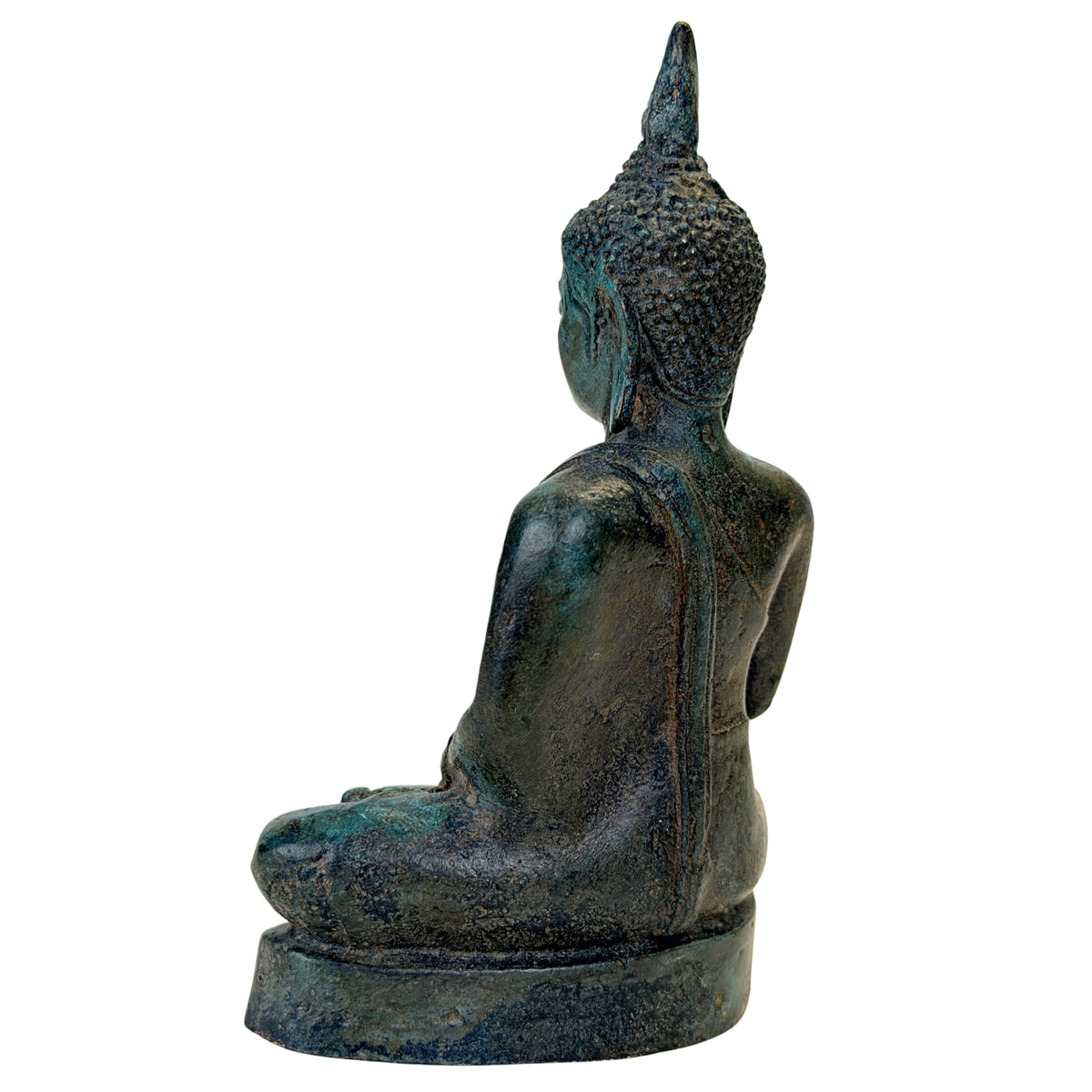 Antieke Thaise bronzen Boeddha – achterzijde links met gewaadlijn en natuurlijke slijtage