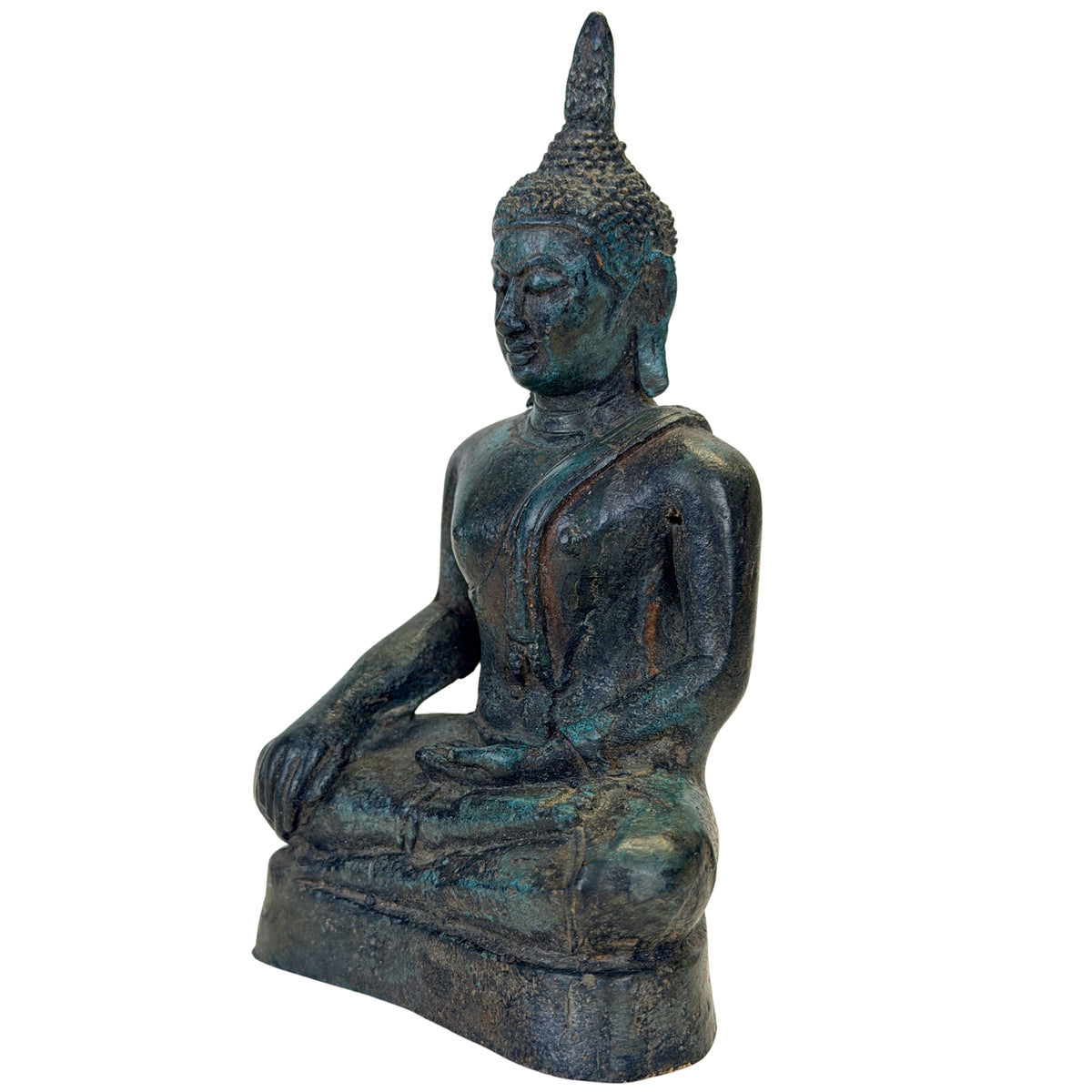Antieke Thaise bronzen Boeddha in Bhumisparsha mudra – driekwart links