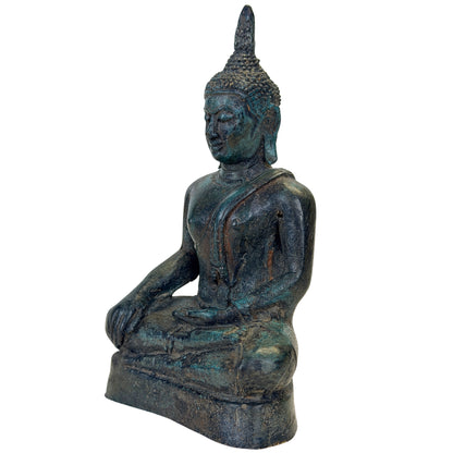 Antieke Thaise bronzen Boeddha in Bhumisparsha mudra – driekwart links