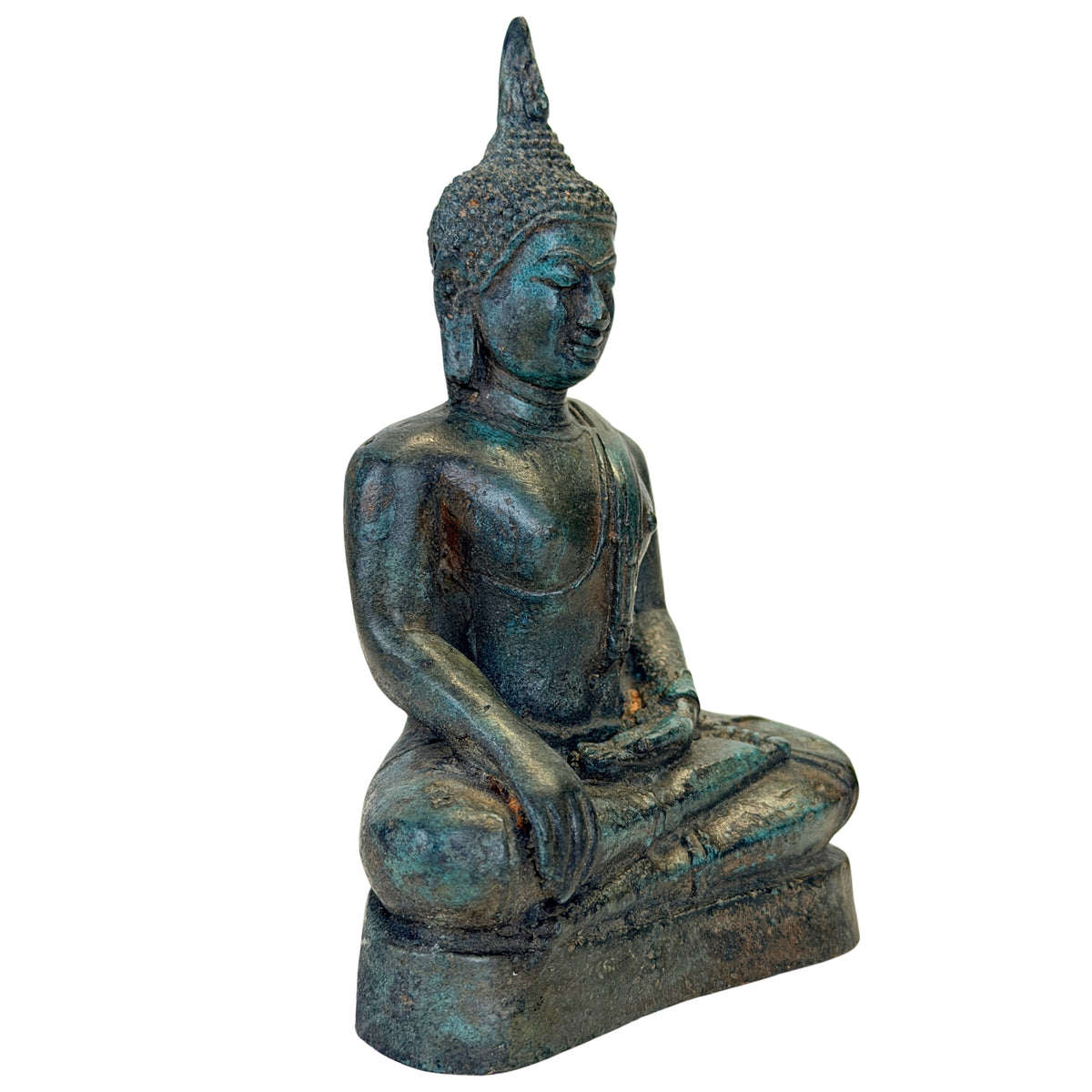 Antieke Thaise bronzen Boeddha in Bhumisparsha mudra – driekwart rechts