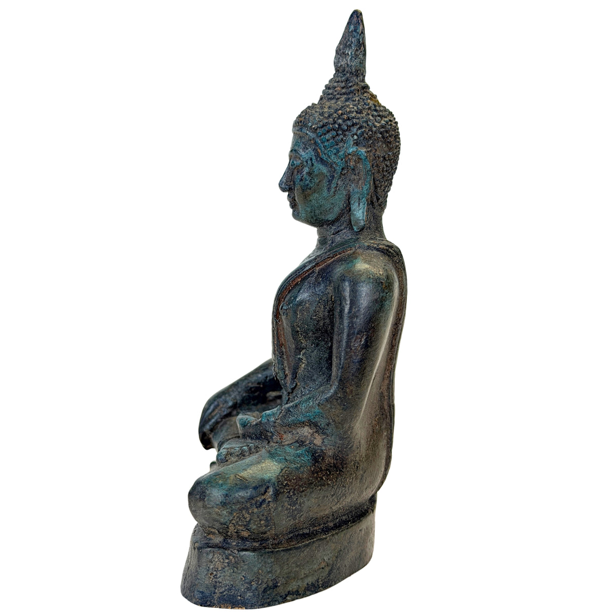 Antieke Thaise bronzen Boeddha in zittende houding – linker zijaanzicht