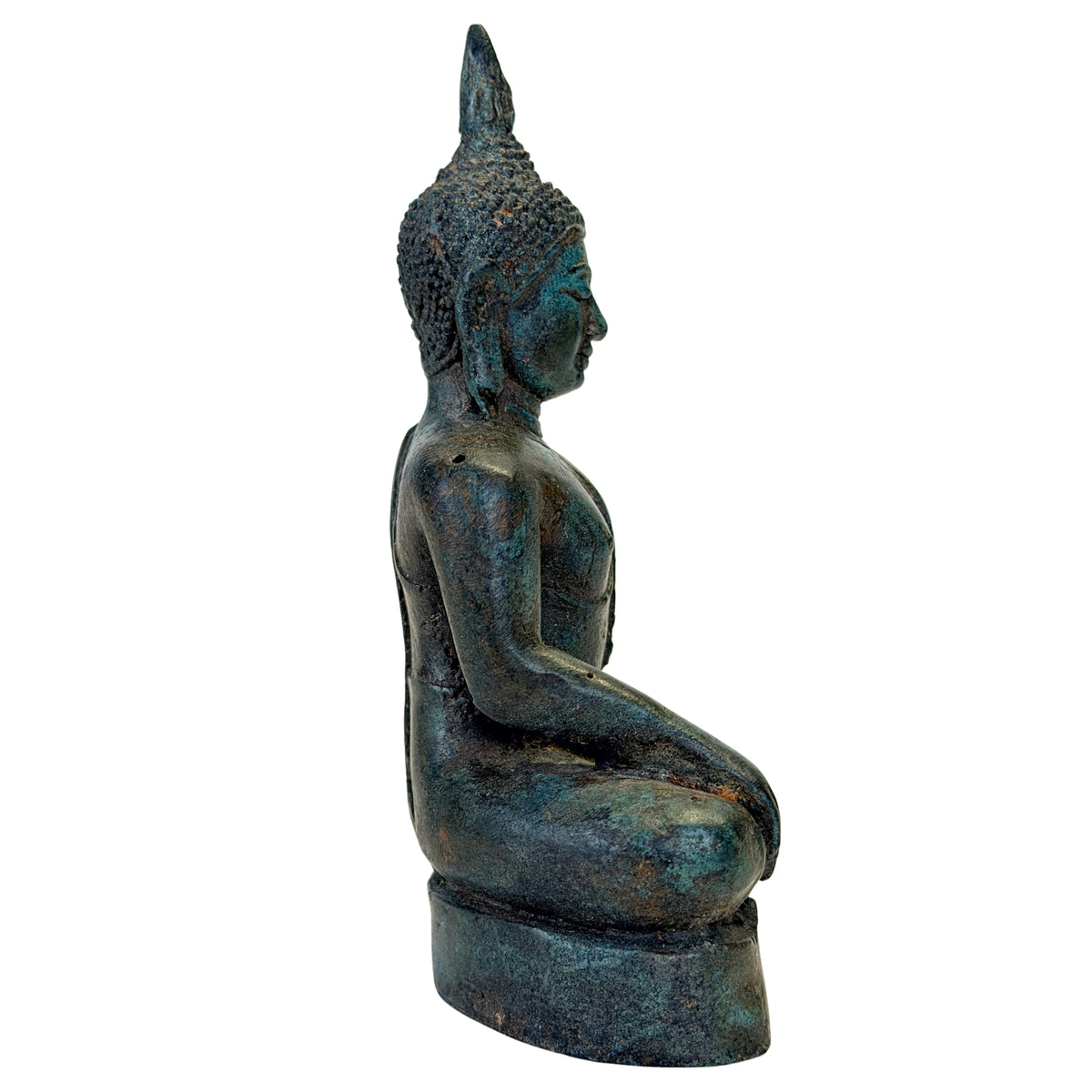 Antieke Thaise bronzen Boeddha met hoge vlamvormige ushnisha – rechter zijaanzicht
