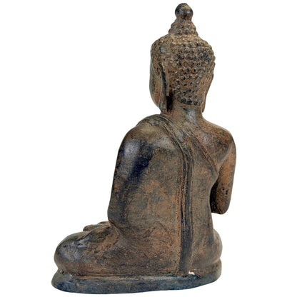 Achterzijde links van Thaise bronzen Boeddha A met oude oppervlaktepatina