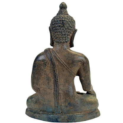 Achterzijde links van Thaise bronzen Boeddha B met donkere en groenige oude patina