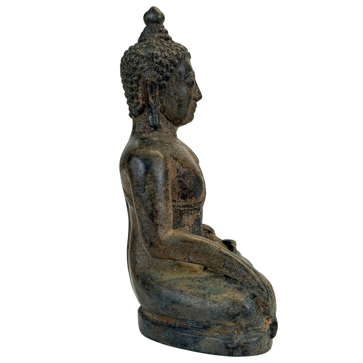 Achterzijde rechts van Thaise bronzen Boeddha B met oude bronskleurige patina