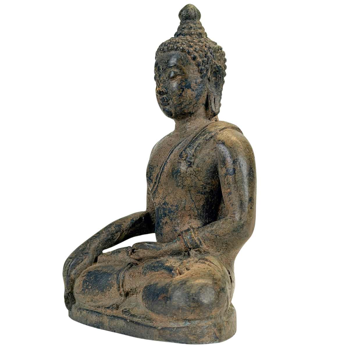 Vooraanzicht van Thaise bronzen Boeddha B met bhumisparsha mudra en serene gelaatsuitdrukking