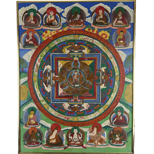 Antieke handgeschilderde Tibetaanse mandala thangka met rijke boeddhistische symboliek