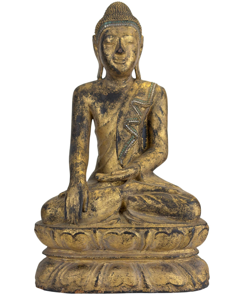 Antieke Vergulde Houten Boeddha – Myanmar Mandalay Stijl – Glasinleg