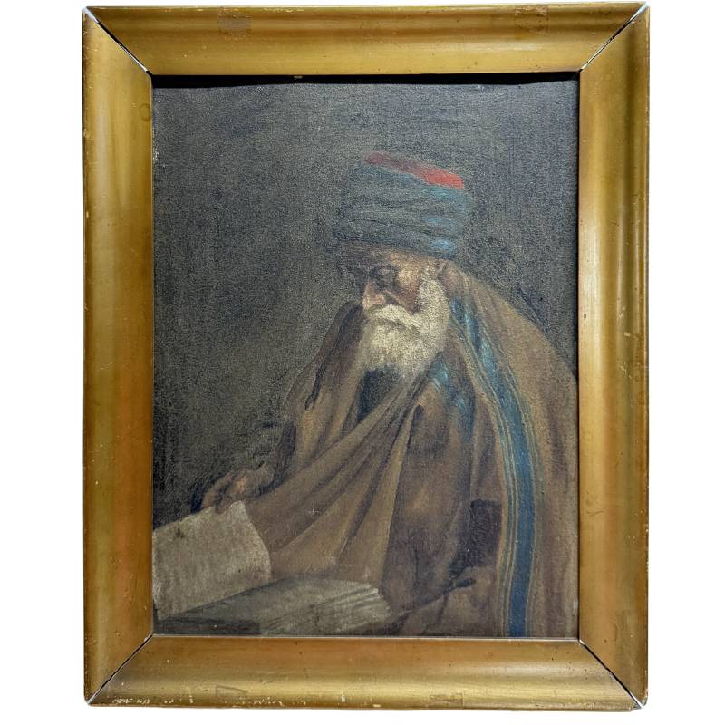 Antiek Joods schilderij, olieverfportret van Rabbijn Yehuda Zeitoun uit Monastir, Tunesië, circa 1905, in originele vergulde lijst.