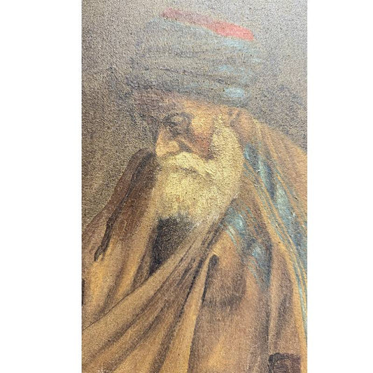 Detailopname van het gezicht van de Rabbijn en de Tora-rol, tonend de fijnmazige craquelé en de authentieke olieverftechniek, circa 1905.