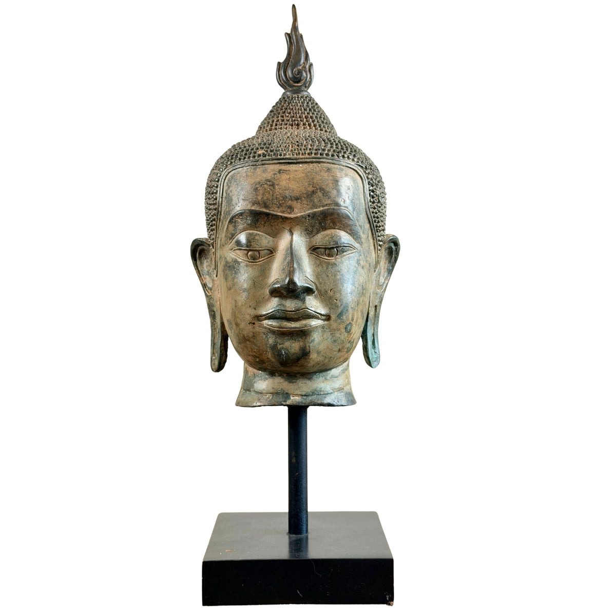 Antieke Thaise bronzen Boeddhakop, Rattanakosin, vooraanzicht op standaard