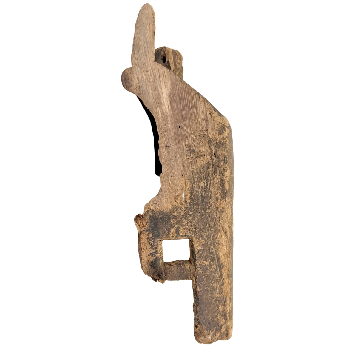 Detail van geometrisch omlijste ogen op het Bamana paardenmasker uit Mali