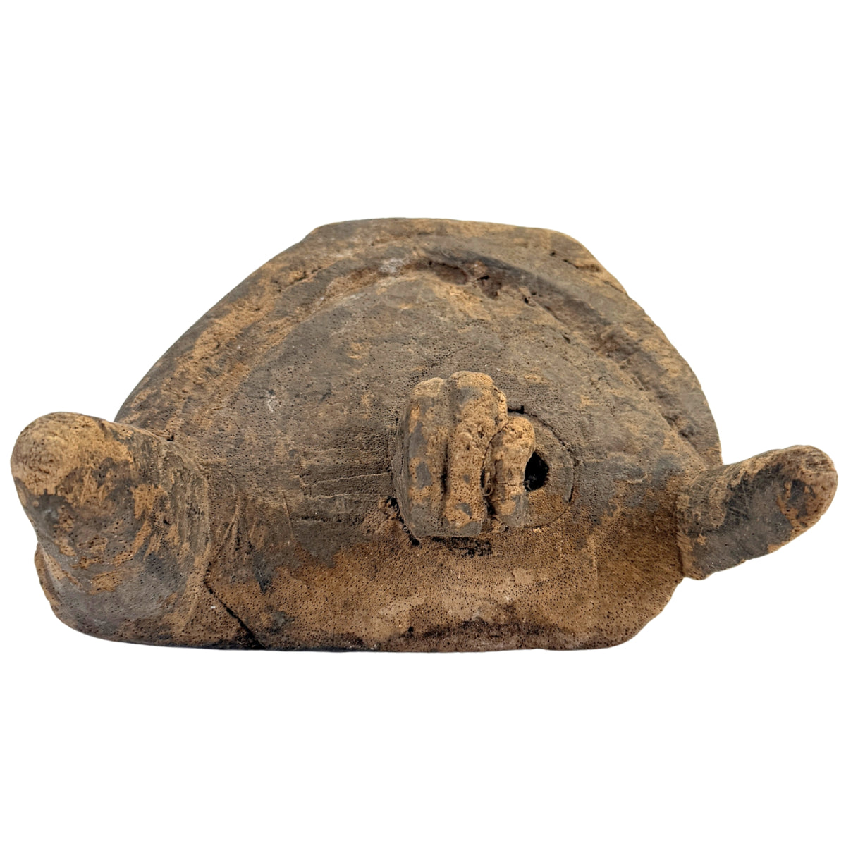 Detail van historische slijtage en donkere oppervlakteafwerking op Bamana masker uit Mali