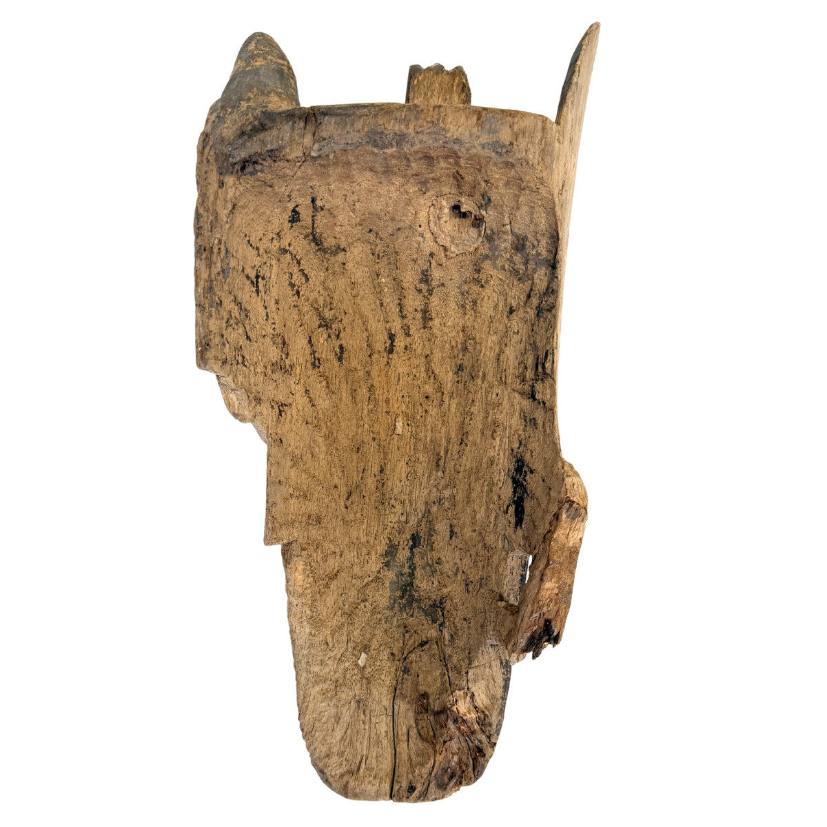 Zijaanzicht van Bamana masker uit Mali met verweerd hout en paardachtige vorm