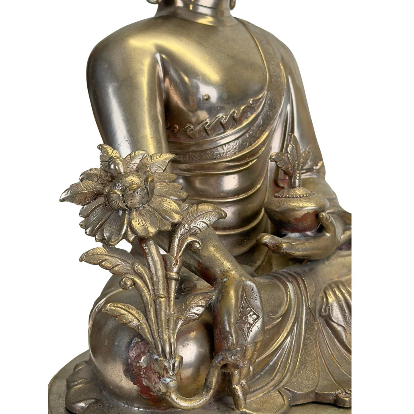 Detail van de monumentale utpala-lotus en medicijnplant naast de rechterhand van Bhaisajyaguru.