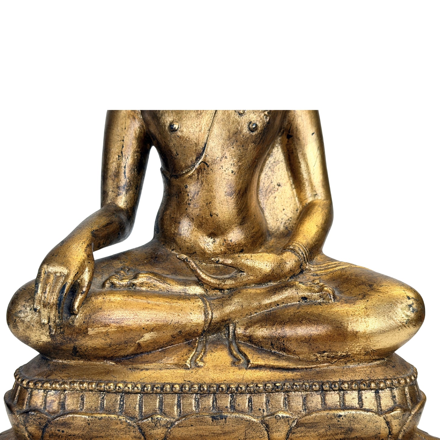 Bhumisparsha handgebaar en gelaagde lotusvoet van antieke Thaise bronzen Boeddha