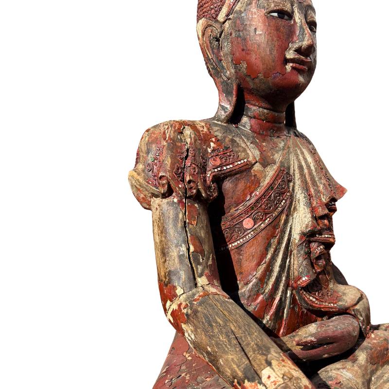 Boeddhabeeld uit Birma met traditionele spiegelglas inleg
