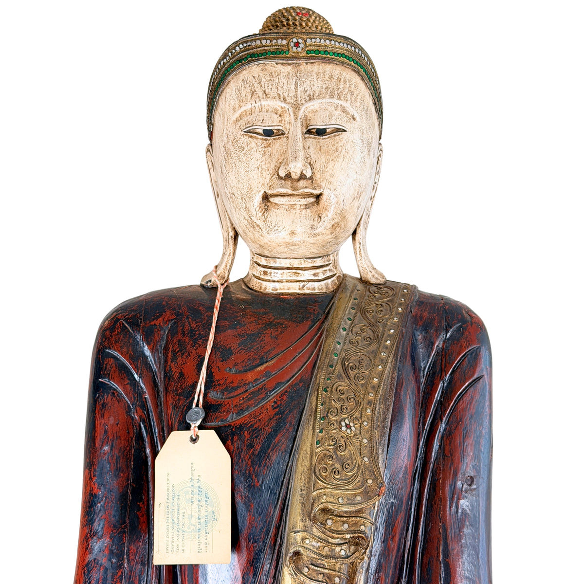 Birmaanse Mandalay Boeddha met beschilderd gezicht en officieel exportlabel uit 1988