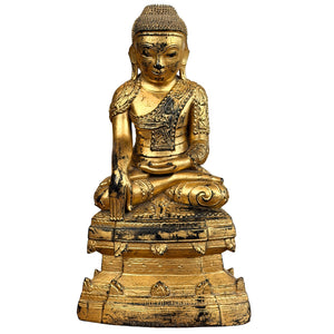 Birmaanse vergulde houten Boeddha, Mandalay-stijl, bhumisparsha – ca. 1880–1940, 35,5 cm