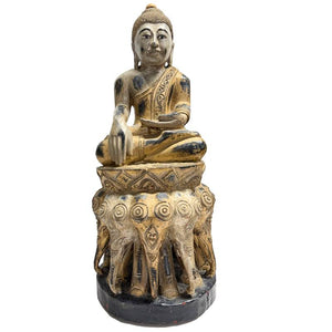 Antieke 19e-eeuwse Birmese Boeddha - Handgestoken Polychroom Hout - 57 cm