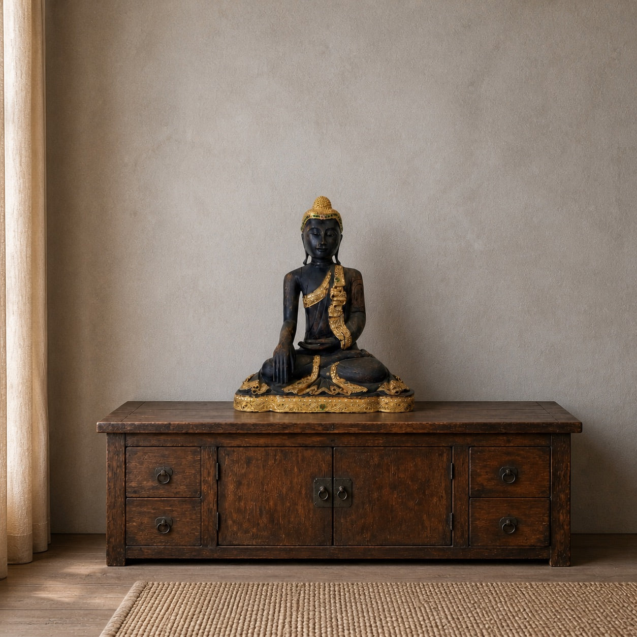 Birmese Boeddha van 50,5 cm hoog opgesteld op een houten dressoir