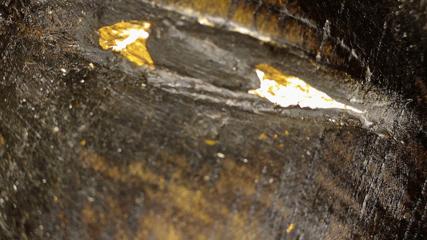 Microscoopdetail van het gelakte hout en plaatselijke verguldingsresten
