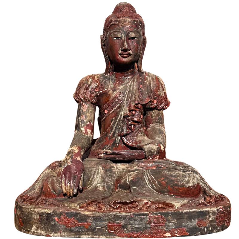 Birmese houten Boeddha sculptuur in Mandalay stijl met spiegelinleg
