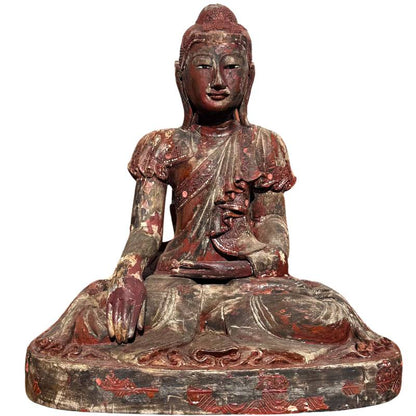 Birmese houten Boeddha sculptuur in Mandalay stijl met spiegelinleg
